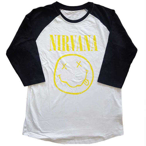 Nirvana Unisex Raglan T-Shirt: Yellow Happy Face (Large)