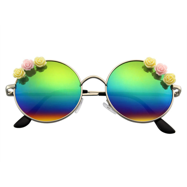 Women's Flower Hippie Floral Metal Round Sunglasses